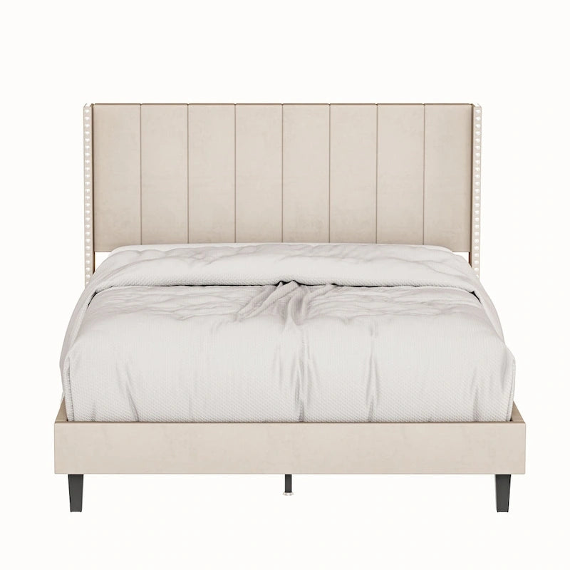 Base de cama tapizada con capitoné tamaño Queen, perfil bajo de terciopelo, tipo plataforma con cabecera de ala elevada
