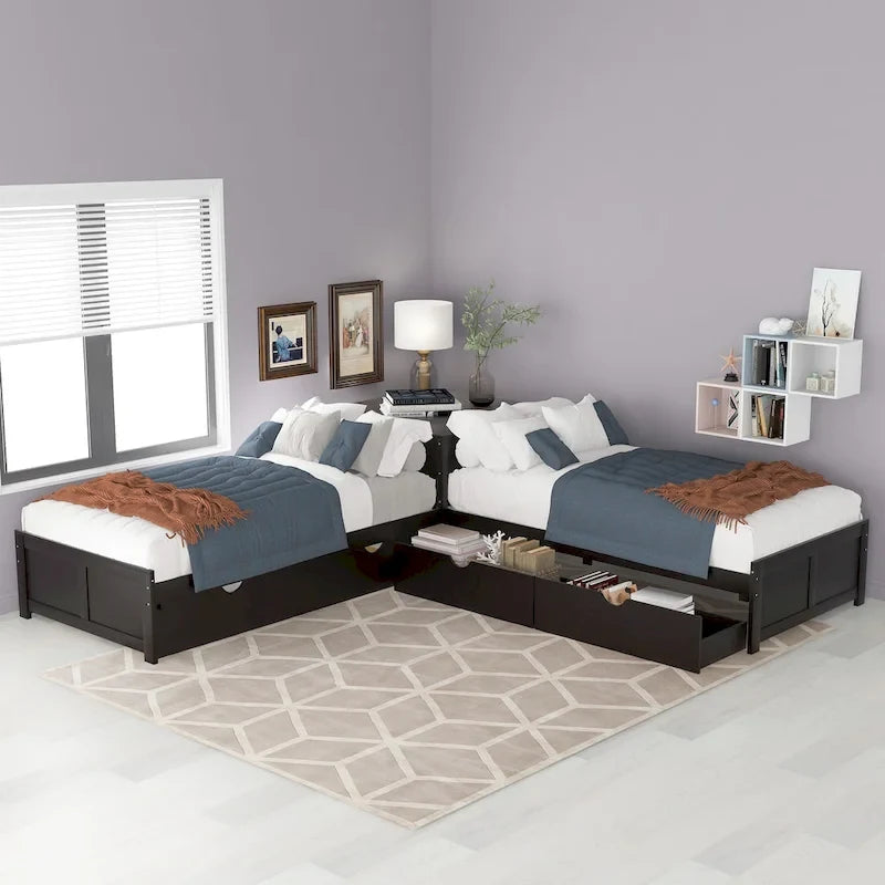 Cama plataforma en forma de L con cama nido y cajones, unida a un escritorio incorporado, individual, espresso