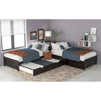 Cama plataforma en forma de L con cama nido y cajones, unida a un escritorio incorporado, individual, espresso