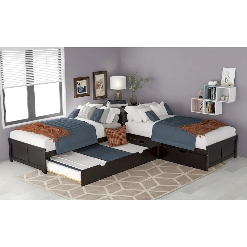 Cama plataforma en forma de L con cama nido y cajones, unida a un escritorio incorporado, individual, espresso