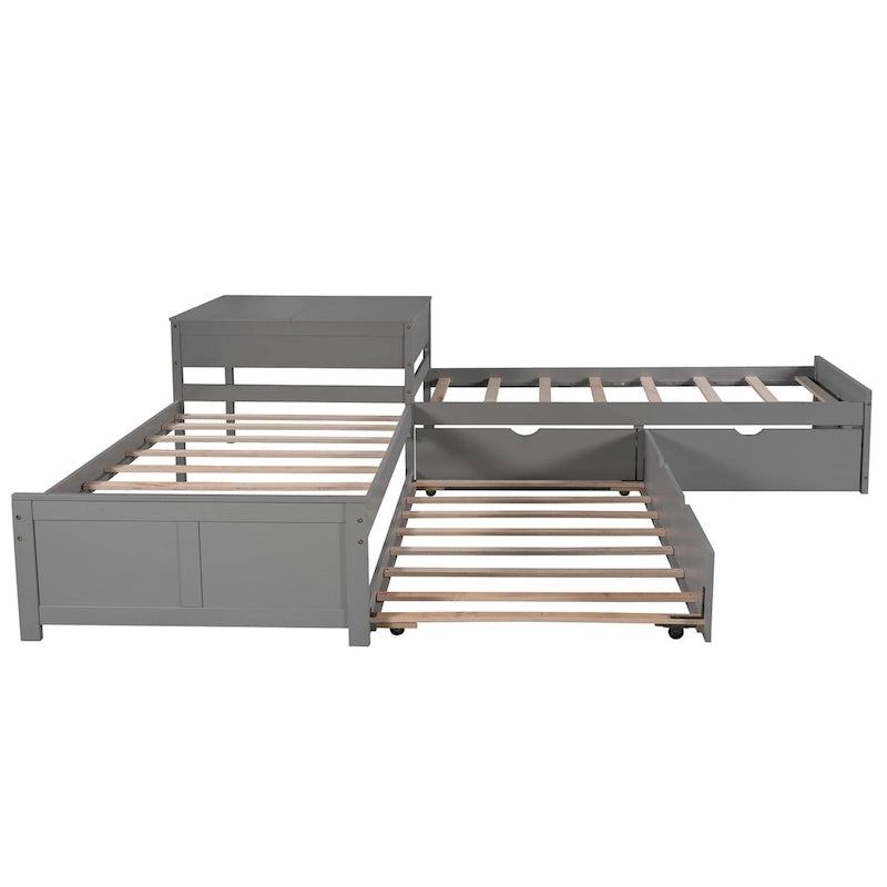 Cama plataforma en forma de L con cama nido y cajones, unida a un escritorio incorporado, individual, espresso