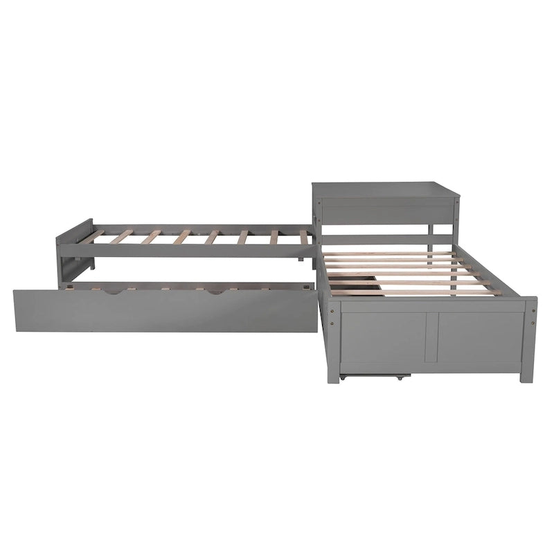 Cama plataforma en forma de L con cama nido y cajones, unida a un escritorio incorporado, individual, espresso
