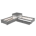 Cama plataforma en forma de L con cama nido y cajones, unida a un escritorio incorporado, individual, espresso