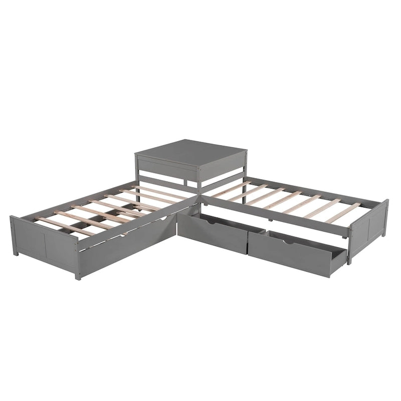 Cama plataforma en forma de L con cama nido y cajones, unida a un escritorio incorporado, individual, espresso