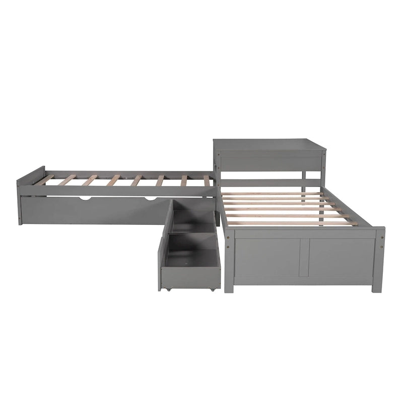 Cama plataforma en forma de L con cama nido y cajones, unida a un escritorio incorporado, individual, espresso