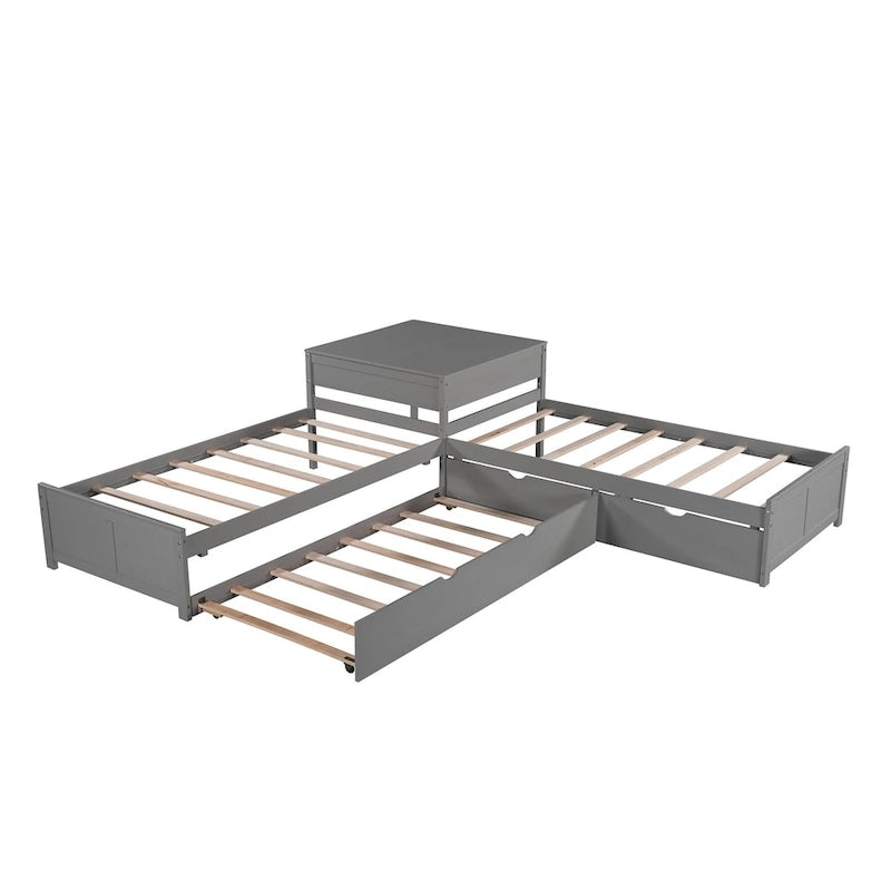 Cama plataforma en forma de L con cama nido y cajones, unida a un escritorio incorporado, individual, espresso