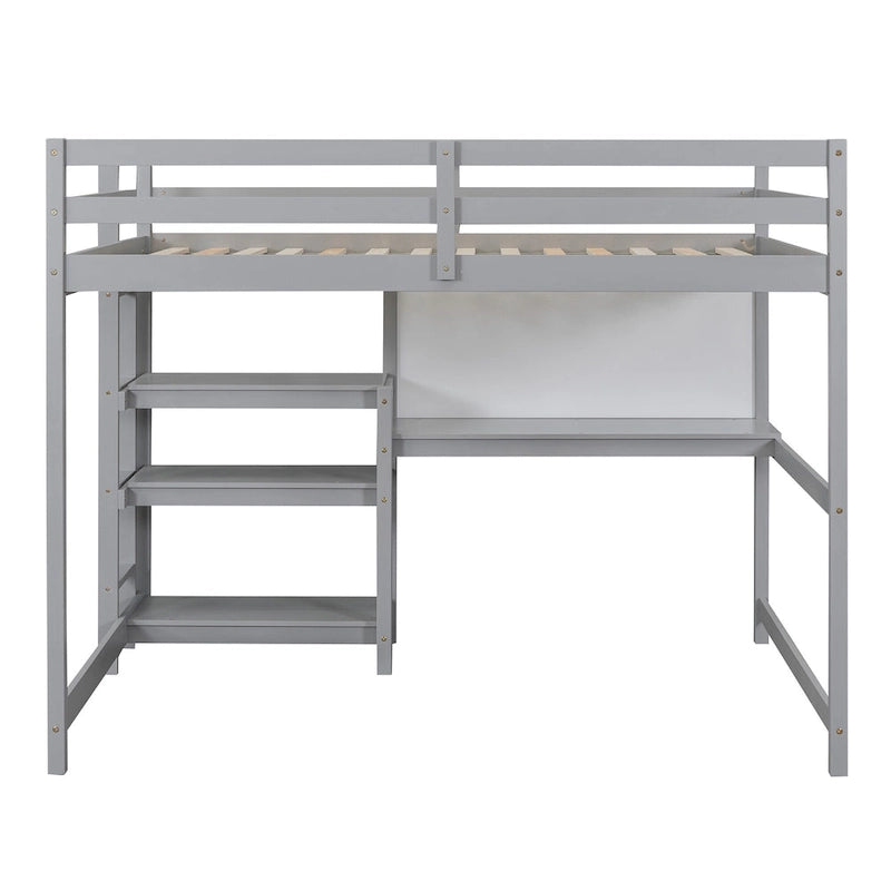 Cama alta de madera tamaño completo con estantes, escritorio y pizarra - Gris