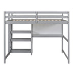 Cama alta de madera tamaño completo con estantes, escritorio y pizarra - Gris