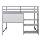 Cama alta de madera tamaño completo con estantes, escritorio y pizarra - Gris