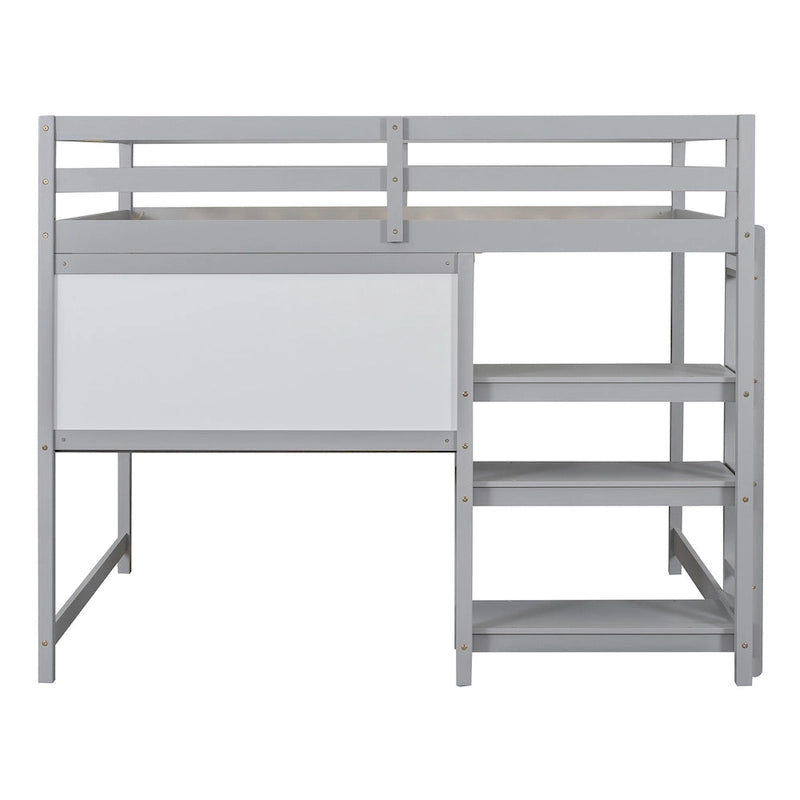 Cama alta de madera tamaño completo con estantes, escritorio y pizarra - Gris