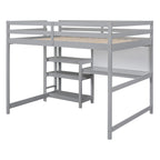 Cama alta de madera tamaño completo con estantes, escritorio y pizarra - Gris