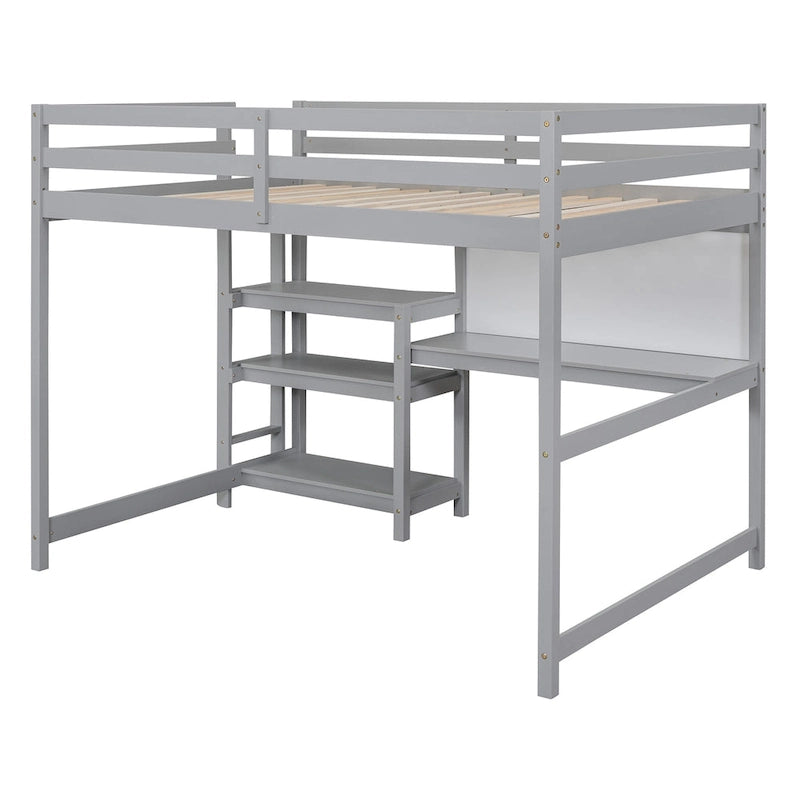 Cama alta de madera tamaño completo con estantes, escritorio y pizarra - Gris