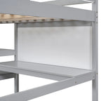 Cama alta de madera tamaño completo con estantes, escritorio y pizarra - Gris