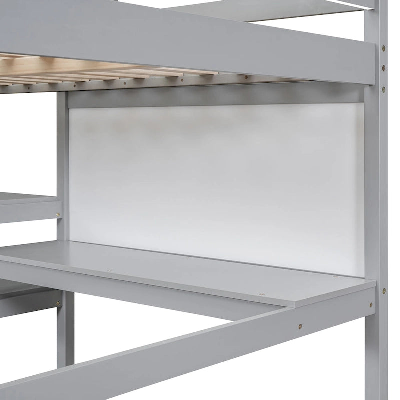Cama alta de madera tamaño completo con estantes, escritorio y pizarra - Gris