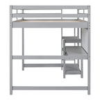 Cama alta de madera tamaño completo con estantes, escritorio y pizarra - Gris