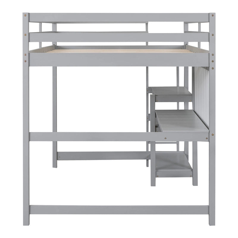 Cama alta de madera tamaño completo con estantes, escritorio y pizarra - Gris