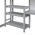 Cama alta de madera tamaño completo con estantes, escritorio y pizarra - Gris