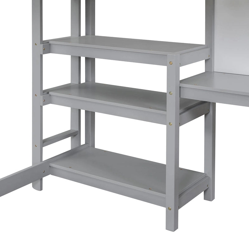 Cama alta de madera tamaño completo con estantes, escritorio y pizarra - Gris