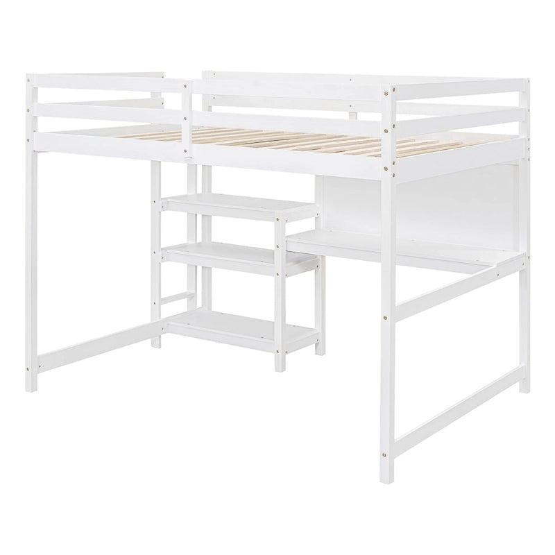 Cama alta de madera tamaño completo con estantes, escritorio y pizarra - Gris