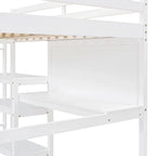 Cama alta de madera tamaño completo con estantes, escritorio y pizarra - Gris