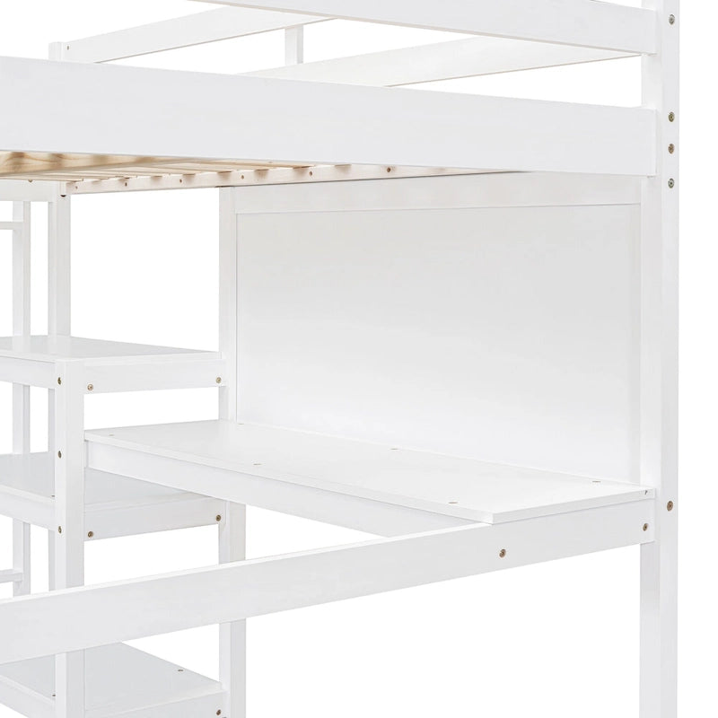 Cama alta de madera tamaño completo con estantes, escritorio y pizarra - Gris