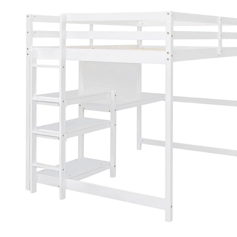 Cama alta de madera tamaño completo con estantes, escritorio y pizarra - Gris