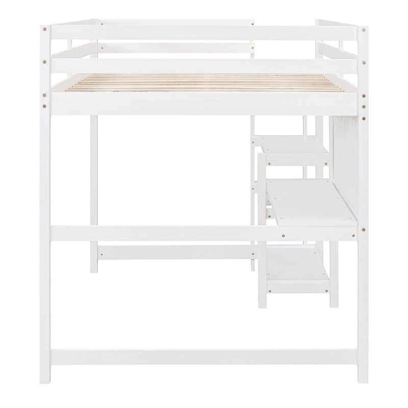 Cama alta de madera tamaño completo con estantes, escritorio y pizarra - Gris