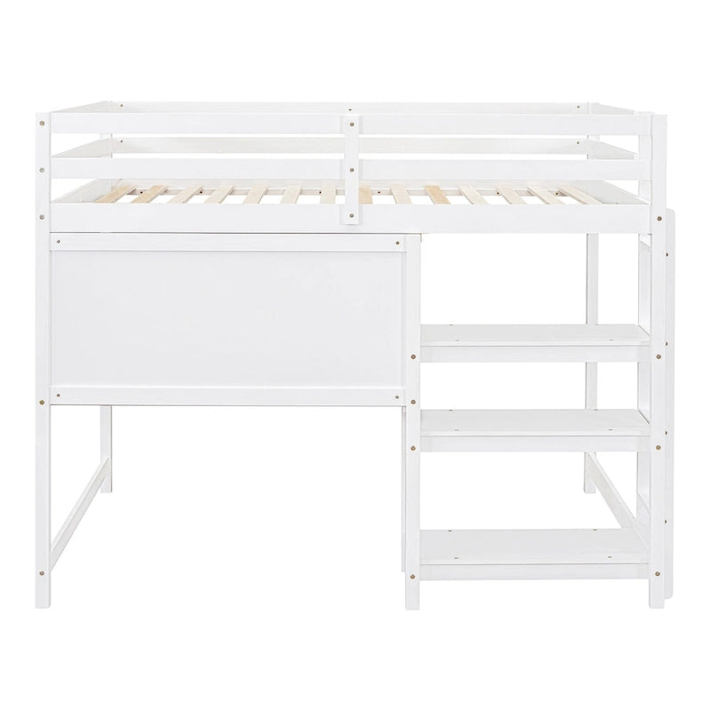 Cama alta de madera tamaño completo con estantes, escritorio y pizarra - Gris