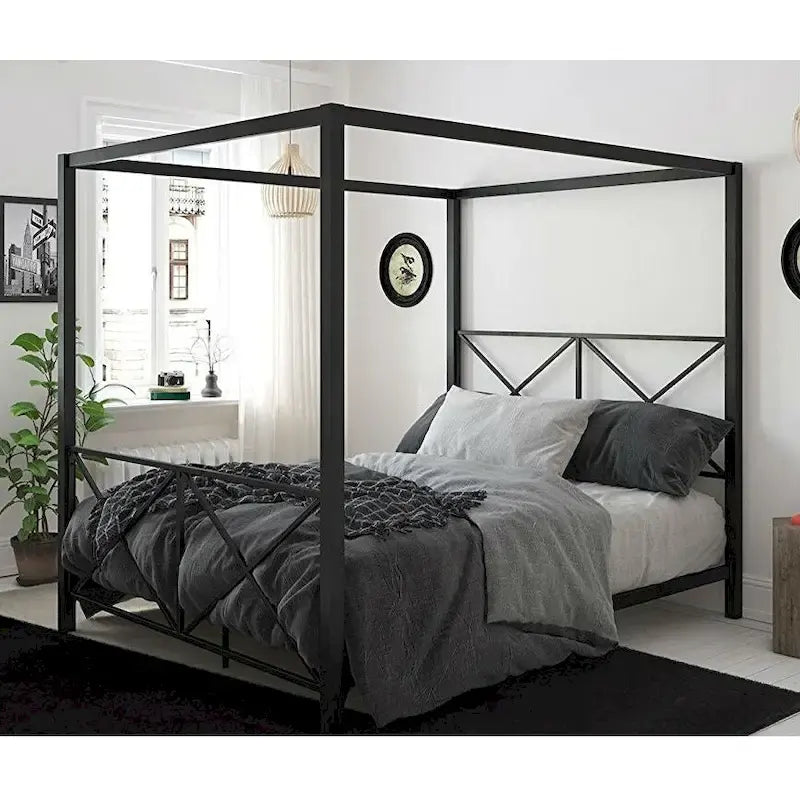 Armazón de cama con dosel de metal negro moderno tamaño Queen