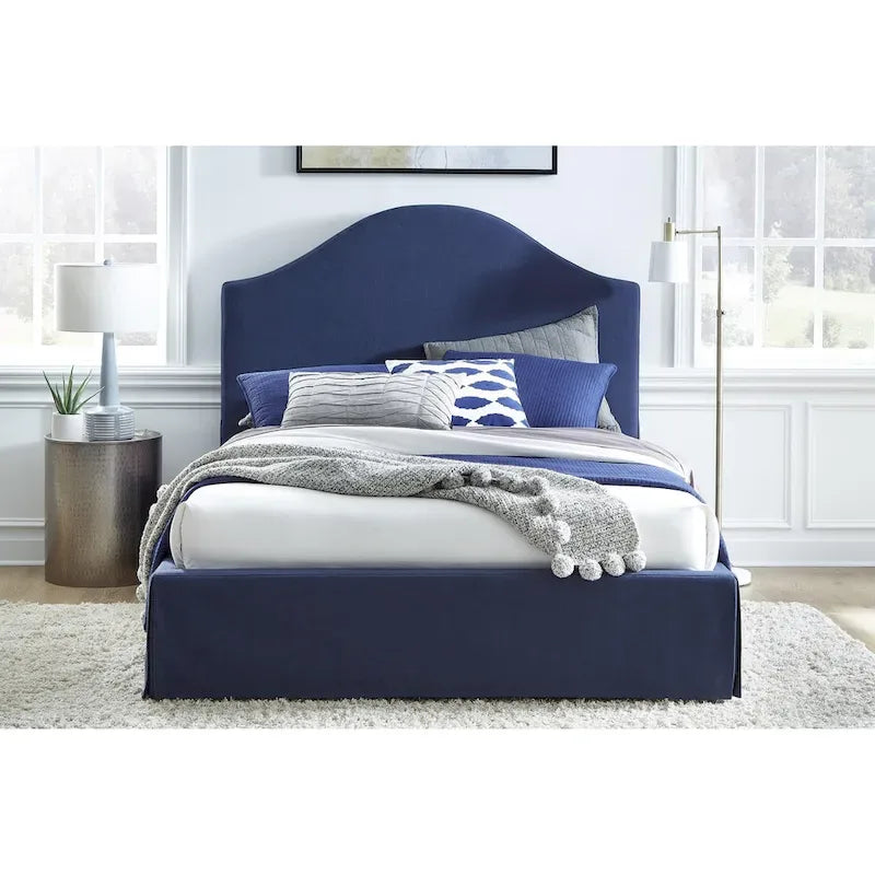 Cama con panel de almacenamiento tapizado con faldón Sur en color azul marino