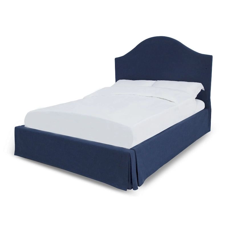 Cama con panel de almacenamiento tapizado con faldón Sur en color azul marino