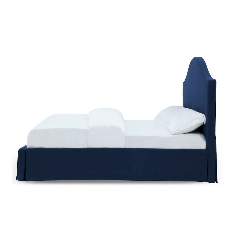 Cama con panel de almacenamiento tapizado con faldón Sur en color azul marino