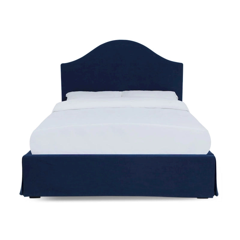 Cama con panel de almacenamiento tapizado con faldón Sur en color azul marino