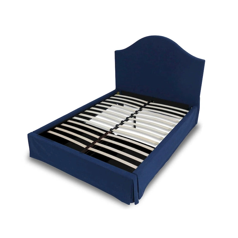 Cama con panel de almacenamiento tapizado con faldón Sur en color azul marino