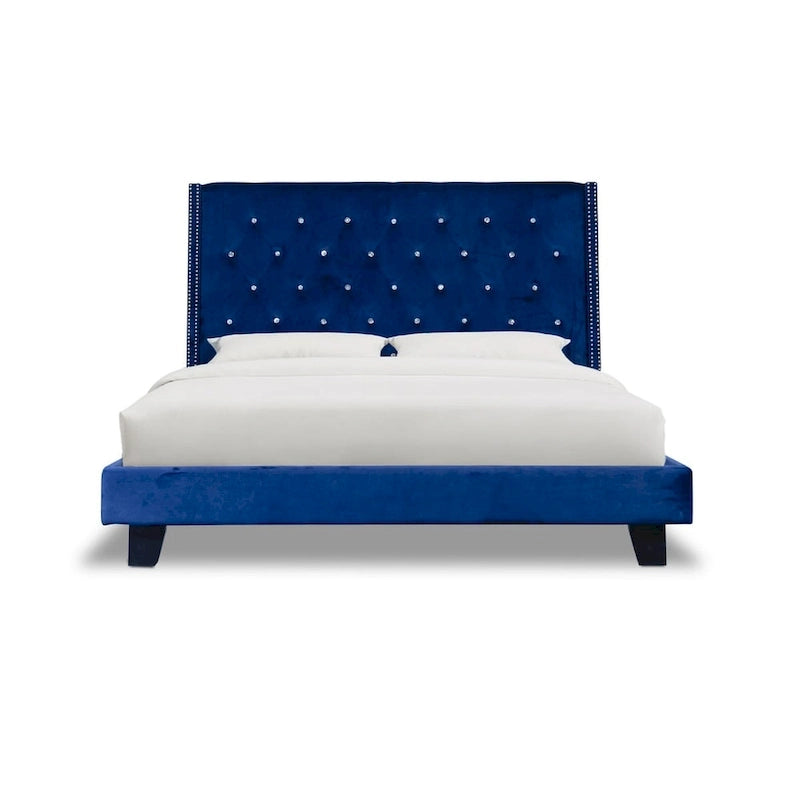 Cama con plataforma tapizada de terciopelo azul