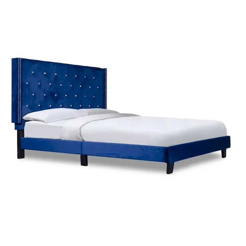 Cama con plataforma tapizada de terciopelo azul