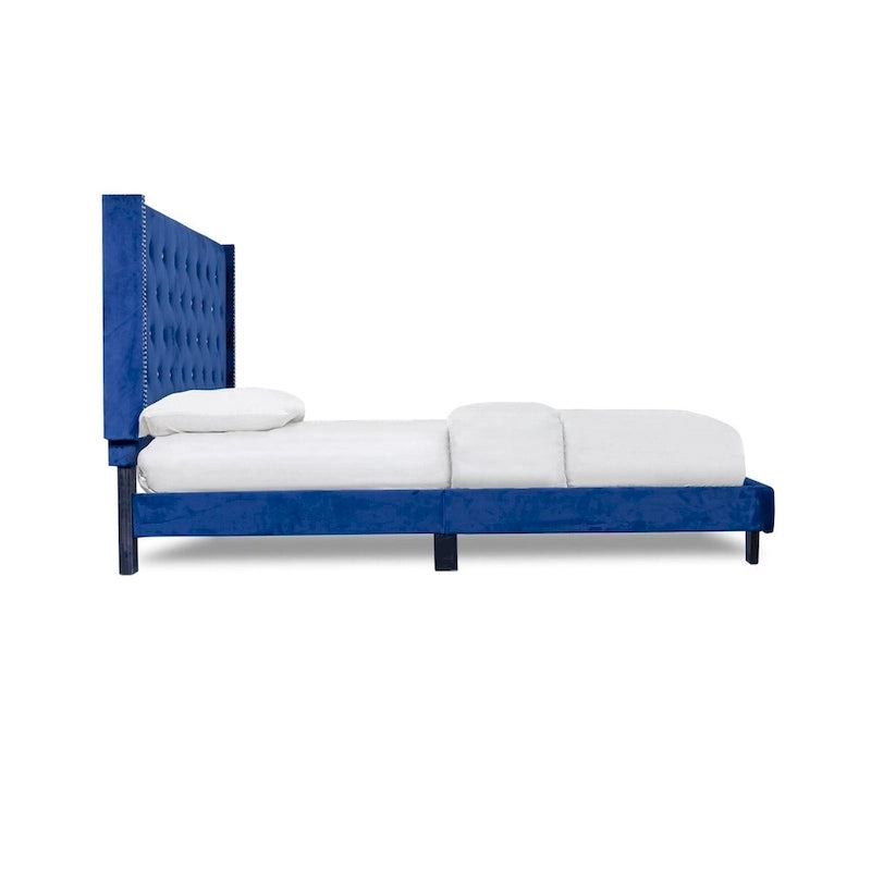 Cama con plataforma tapizada de terciopelo azul