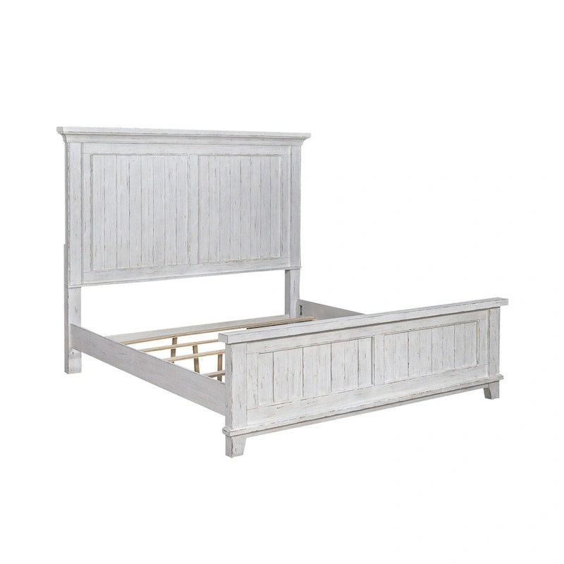 Cama, cómoda, espejo y mesita de noche River Place Riverstone en blanco y tabaco