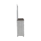 Cama, cómoda, espejo y mesita de noche River Place Riverstone en blanco y tabaco