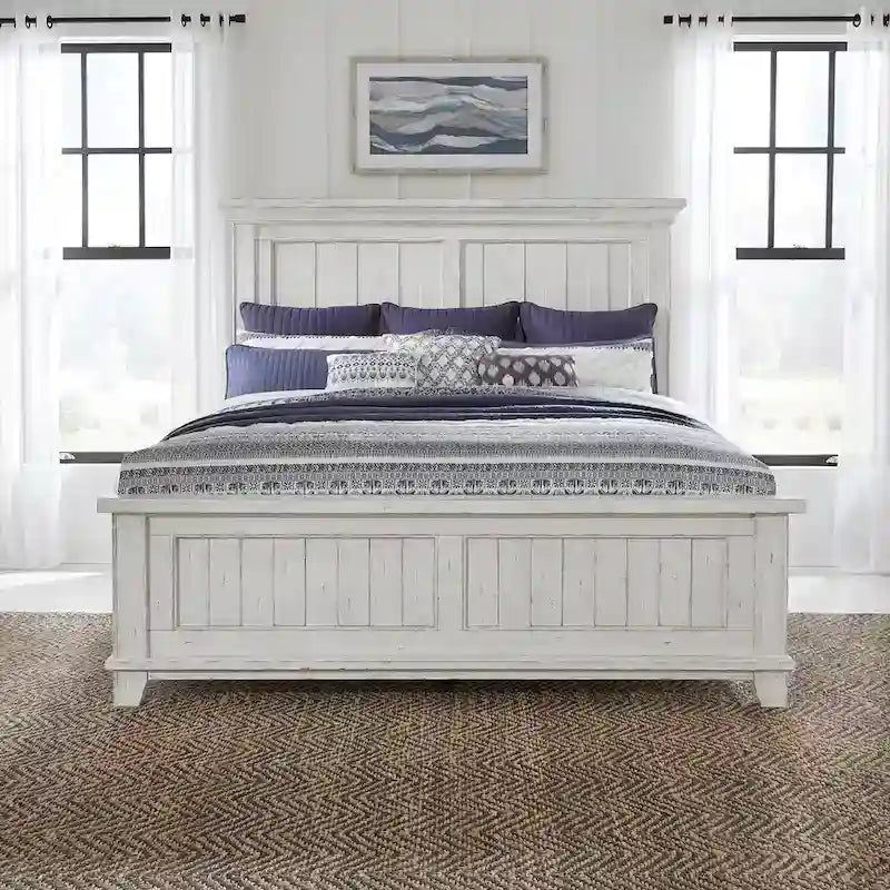 Cama, cómoda, espejo y mesita de noche River Place Riverstone en blanco y tabaco
