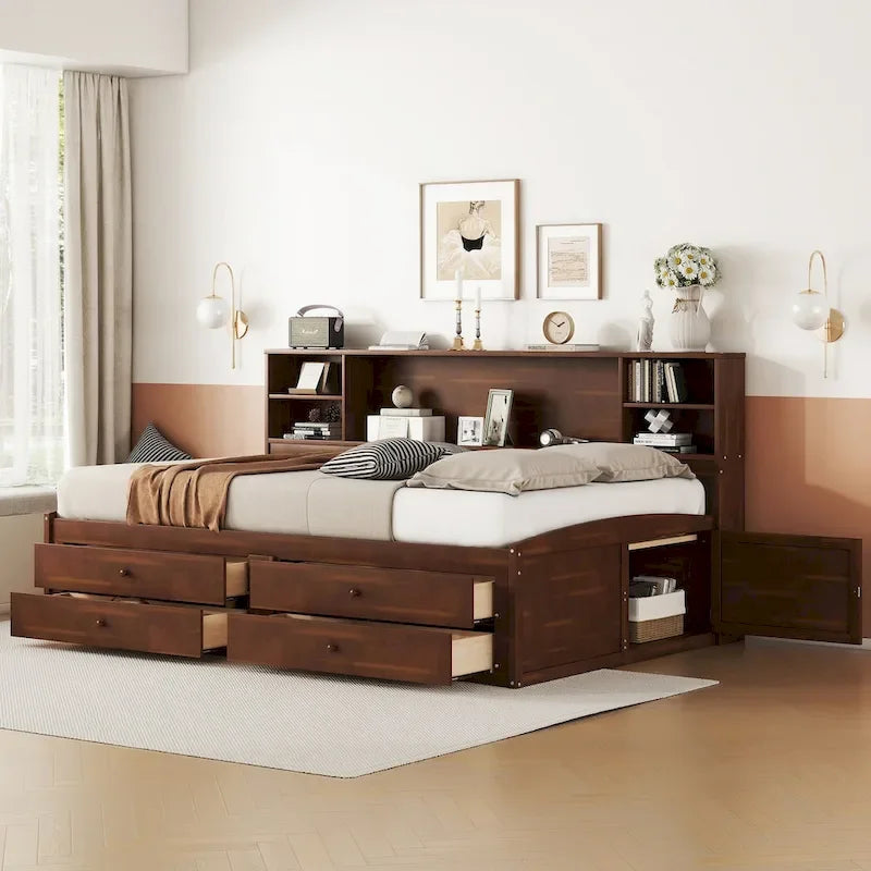 Cama Capitán con Estanterías de Almacenamiento Integradas, 4 Cajones y 2 Armarios