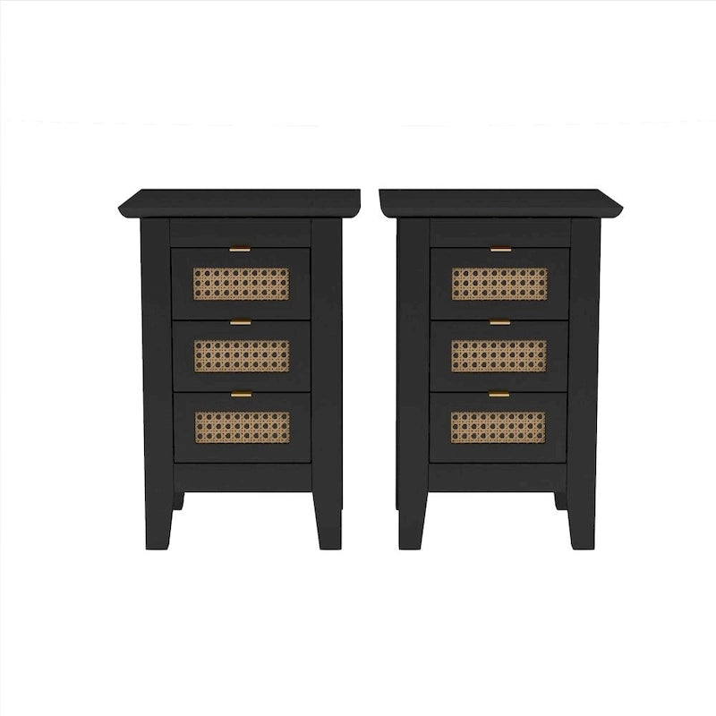 Mesitas de Noche de Madera (Set de 2) con Superficies Tejidas de Ratán y Tres Cajones