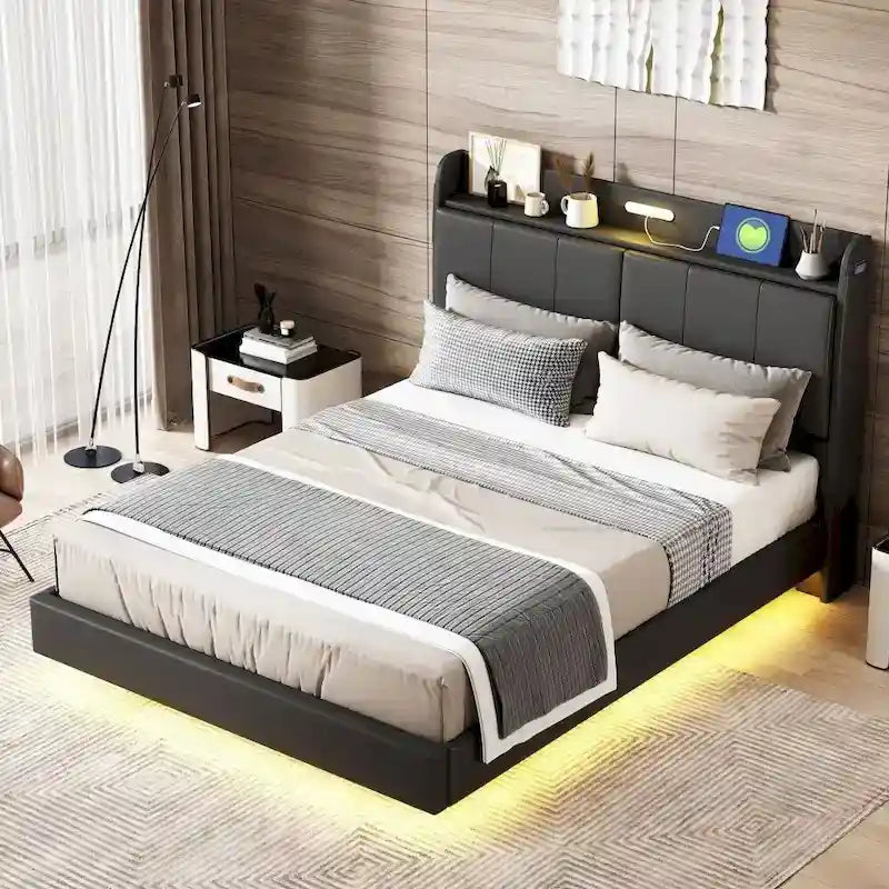 Base de cama flotante tamaño Queen con cabecera de almacenamiento, cama de plataforma tapizada moderna con puertos USB