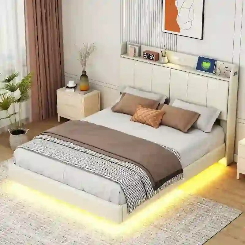 Base de cama flotante tamaño Queen con cabecera de almacenamiento, cama de plataforma tapizada moderna con puertos USB