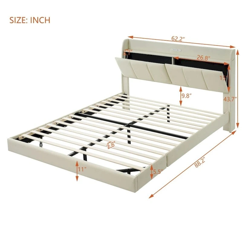 Base de cama flotante tamaño Queen con cabecera de almacenamiento, cama de plataforma tapizada moderna con puertos USB