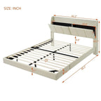 Base de cama flotante tamaño Queen con cabecera de almacenamiento, cama de plataforma tapizada moderna con puertos USB