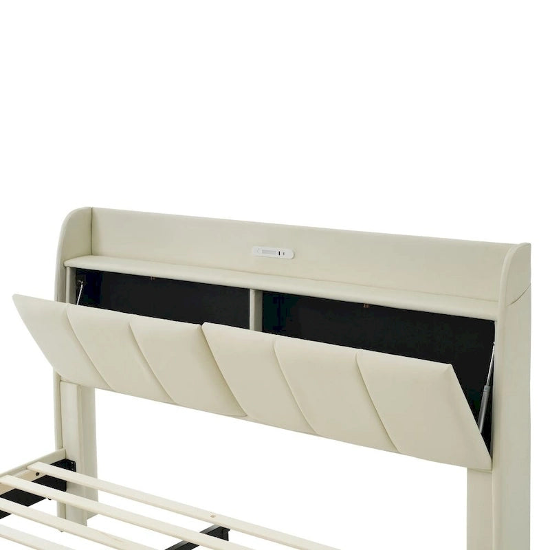 Base de cama flotante tamaño Queen con cabecera de almacenamiento, cama de plataforma tapizada moderna con puertos USB