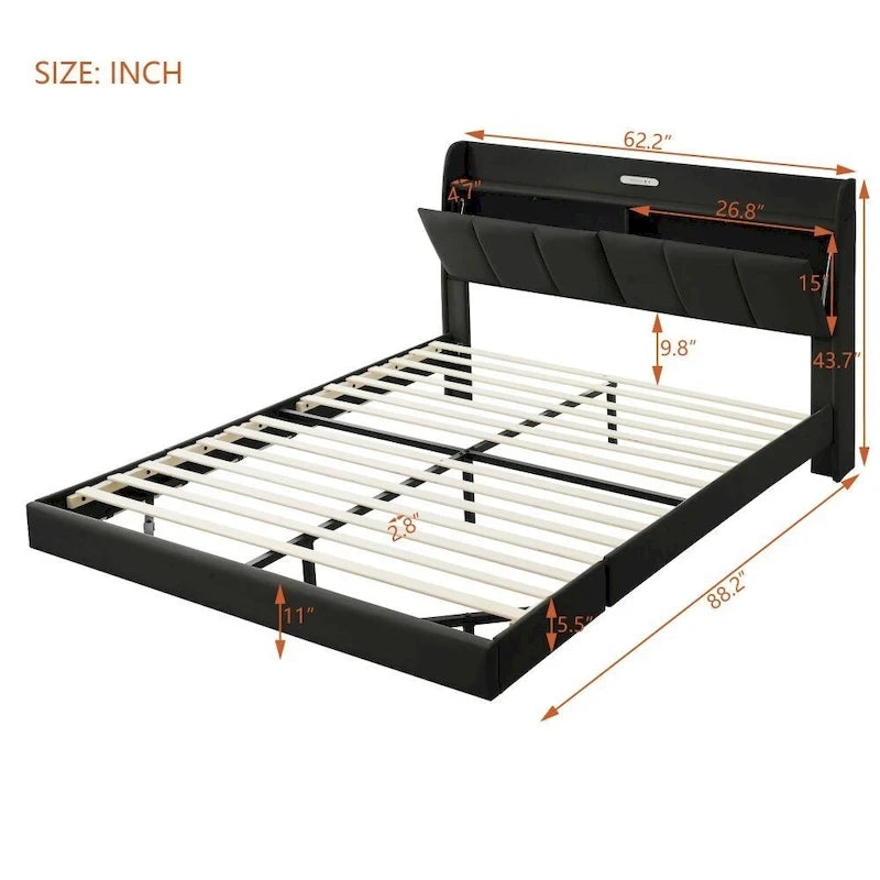 Base de cama flotante tamaño Queen con cabecera de almacenamiento, cama de plataforma tapizada moderna con puertos USB