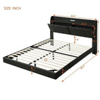 Base de cama flotante tamaño Queen con cabecera de almacenamiento, cama de plataforma tapizada moderna con puertos USB