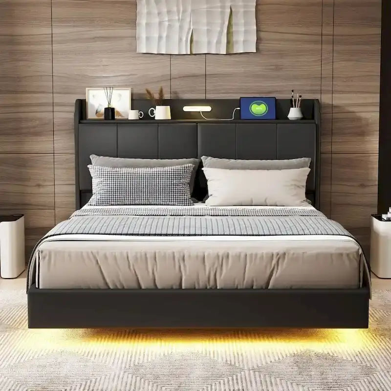 Base de cama flotante tamaño Queen con cabecera de almacenamiento, cama de plataforma tapizada moderna con puertos USB